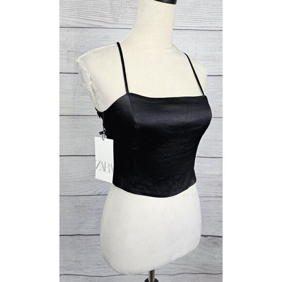 Zara Open Criss Cross Tie Back Crop Top Black Size Medium - Picture 4 of 7